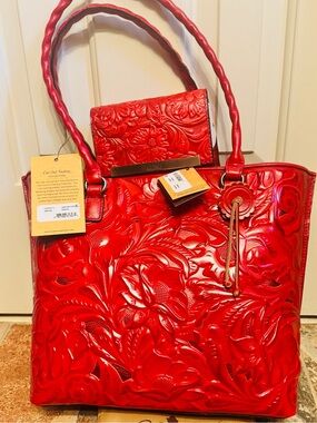 NWT!!!! RARE PATRICIA NASH LEATHER EMBOSSED METALLIC FOIL TOTE HANDBAG, RICH RED